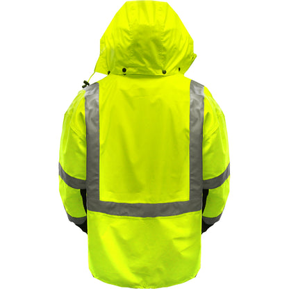 Reflective Apparel 431ST Waterproof 3-Seasons Parka, lime/black, back with hood