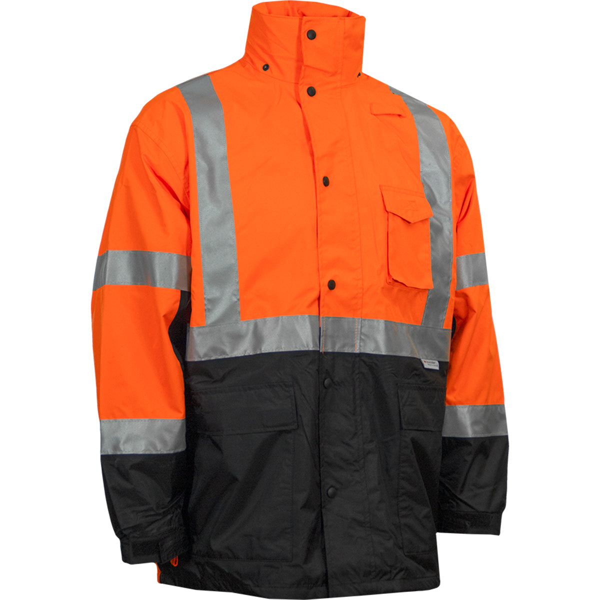 Reflective Apparel 431ST Waterproof 3-Seasons Parka, orange/black, 3/4 view