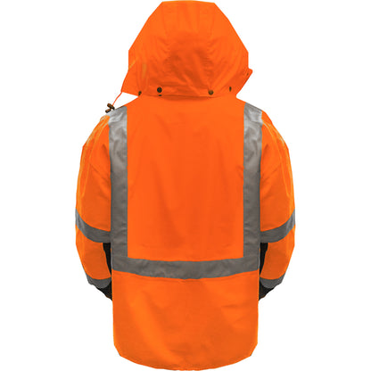 Reflective Apparel 431ST Waterproof 3-Seasons Parka, orange/black, back with hood