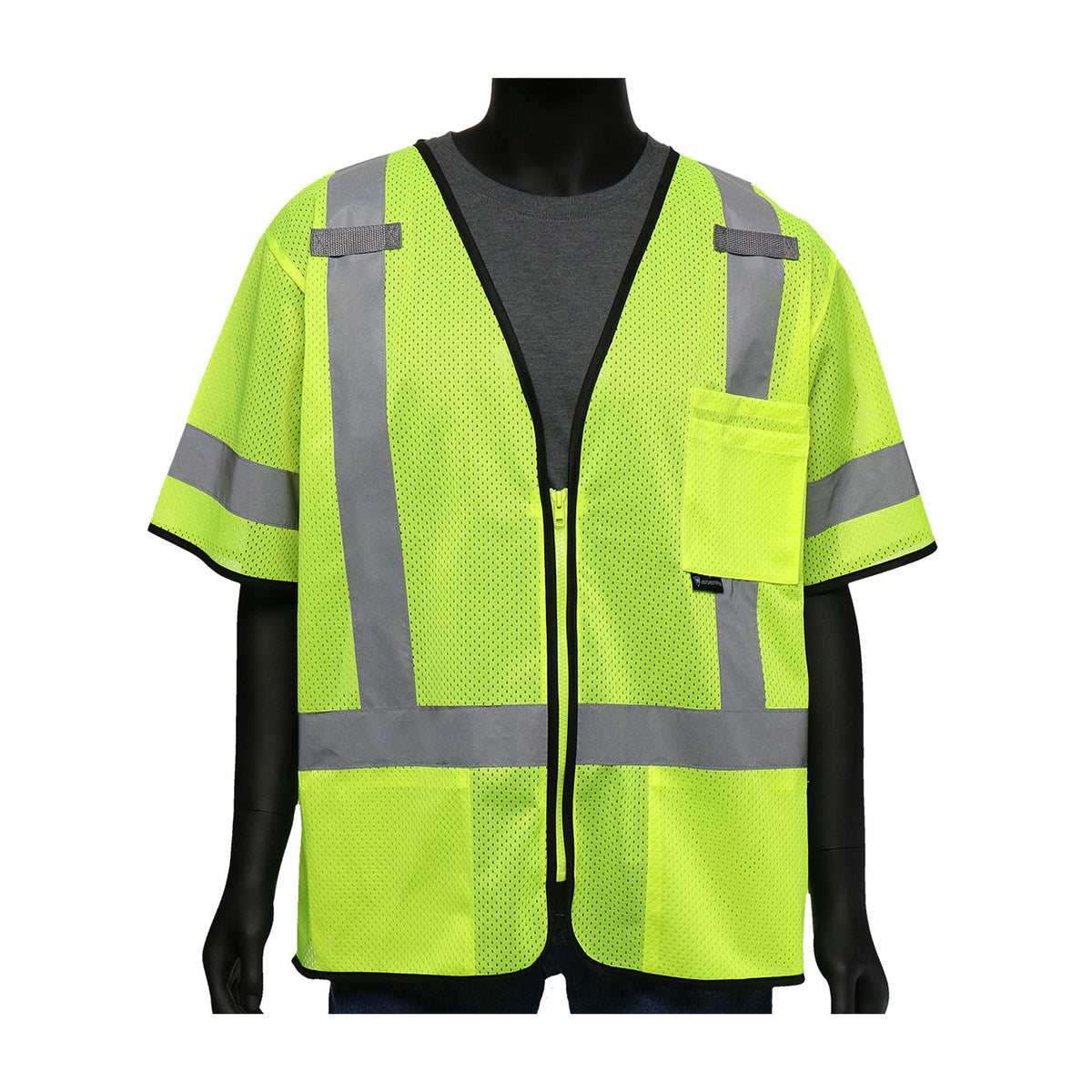 PIP 47302 Class 3 Viz-Up 3-Pocket Zipper Mesh Vest, Lime, front