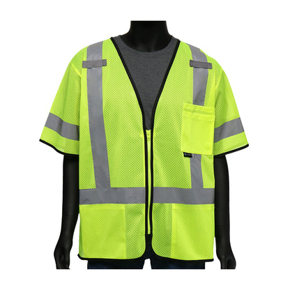 PIP 47302 Class 3 Viz-Up 3-Pocket Zipper Mesh Vest, Lime, front