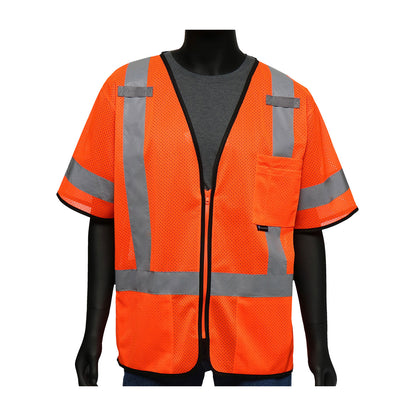 PIP 47303 Class 3 Viz-Up 3-Pocket Zipper Mesh Vest, Orange, front