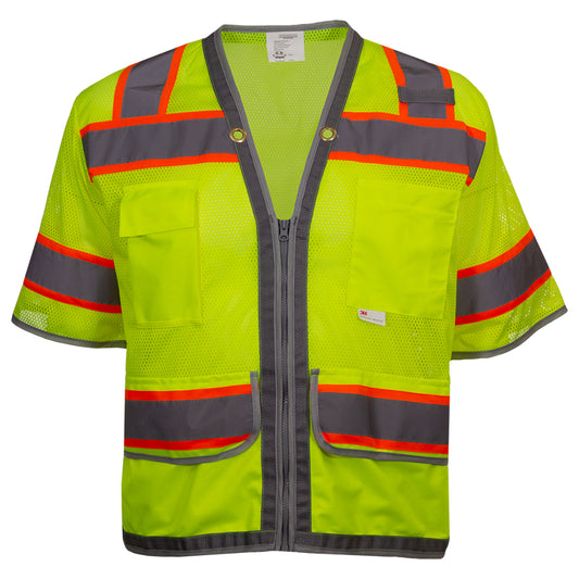24-578ET ANSI Type R Class 3 Twelve Pocket Surveyors Vest - Lime - Front