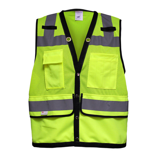 24-587ET ANSI Type R Class 2 Twelve Pocket Mesh Surveyors Vest with Black Trim - Lime - Front