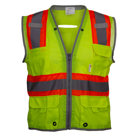 24-589ET ANSI Type R Class 2 Ten Pocket Surveyors Vest with D Ring Access - Lime - Front
