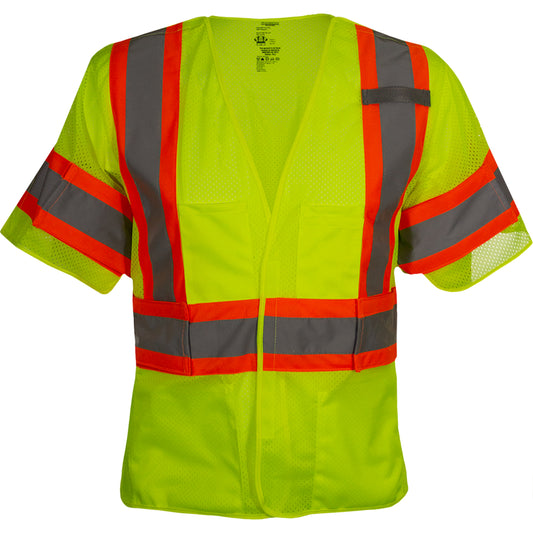24-591GT ANSI Type R Class 3 Seven Pocket Breakaway Vest with Adjustable Side Wraps and Sleeves - Lime - Front