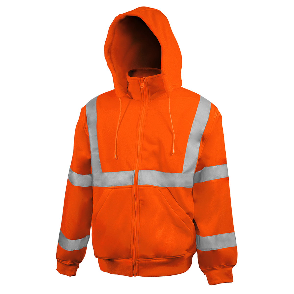 Reflective Apparel 602ST Sweatshirt with Removable Hood, orange, 3/4 left with hood
