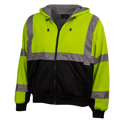Reflective Apparel 603ST-LB Full Zip Hooded Sweatshirt with Black Bottom, lime/black, 3/4 left