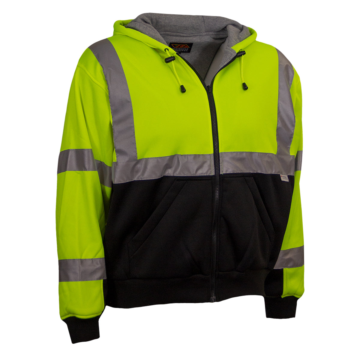 Reflective Apparel 603ST-LB Full Zip Hooded Sweatshirt with Black Bottom, lime/black, 3/4 right