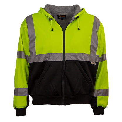 Reflective Apparel 603ST-LB Full Zip Hooded Sweatshirt with Black Bottom, lime/black, front