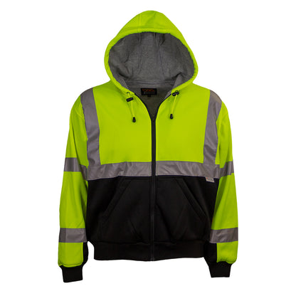 Reflective Apparel 603ST-LB Full Zip Hooded Sweatshirt with Black Bottom, lime/black, front with hood