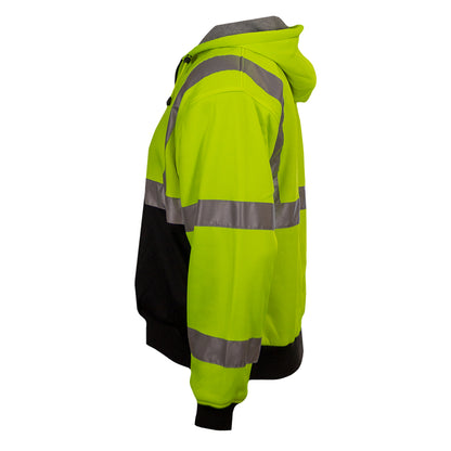 Reflective Apparel 603ST-LB Full Zip Hooded Sweatshirt with Black Bottom, lime/black, left side