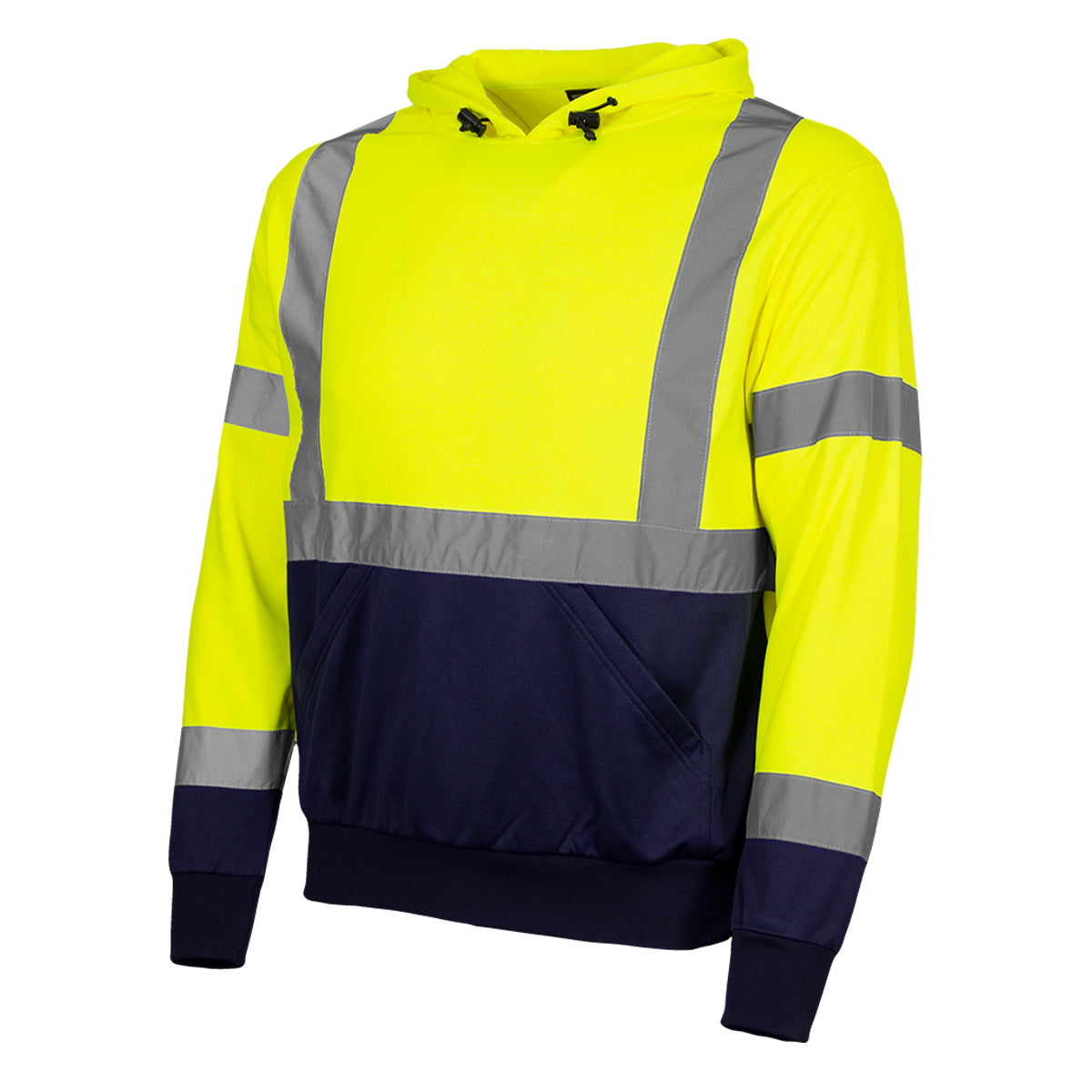 Reflective Apparel 604GT Pullover Hooded Sweatshirt, lime/navy, 3/4 left
