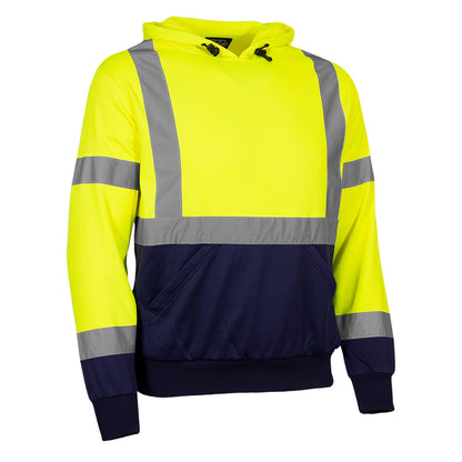 Reflective Apparel 604GT Pullover Hooded Sweatshirt, lime/navy, 3/4 right